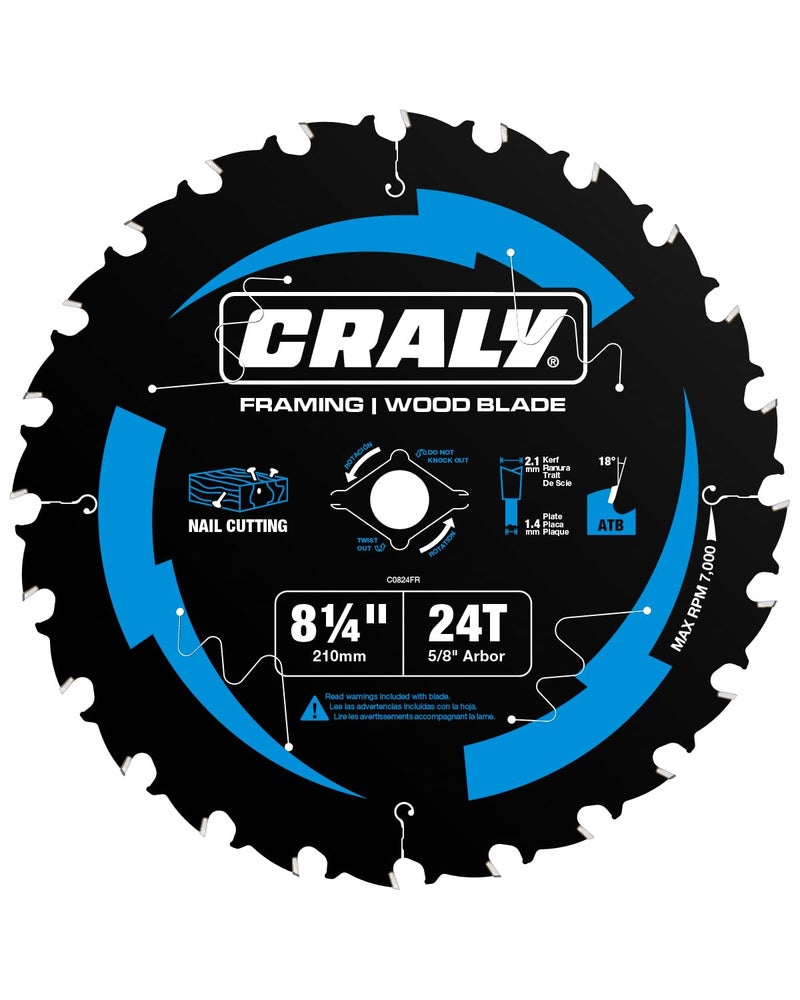 CRALY 8-1/4 Inch 24 Teeth Wood Cutting Framing Circular Saw Blade, 5/8 Inch Arbor, Carbide Tipped, Thin Kerf, Black Ice™ Coating, for Plywood, MDF, OSB, Laminated(C0824FR) - Image 1